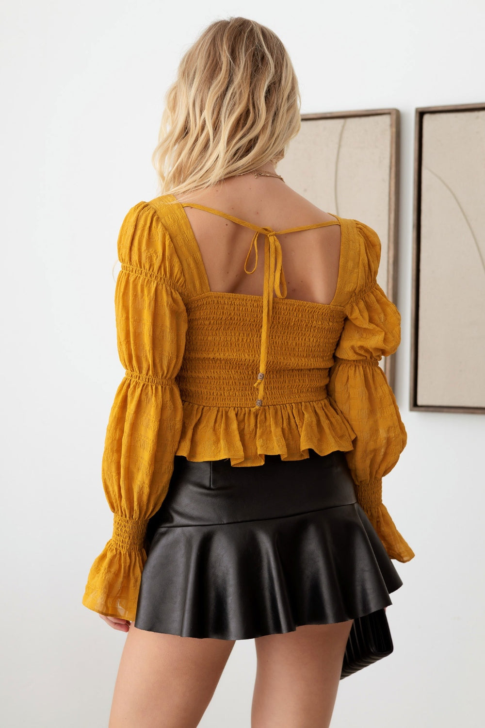 Mustard Seed Boho Shirred Smocked Peplum Long Sleeve Top - Shimmervee