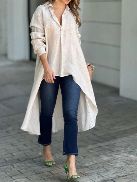 Full Size High-Low Collared Neck Long Sleeve Shirt - Shimmervee