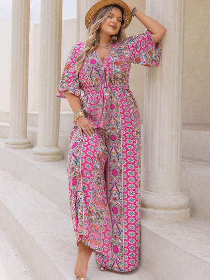 Plus Size Printed Half Sleeve Wide Leg Jumpsuit - Shimmervee