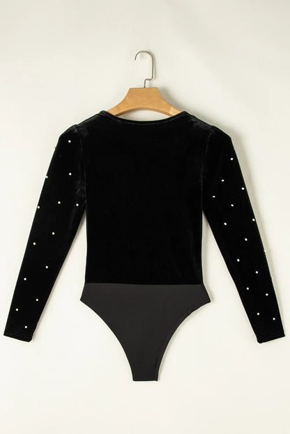 Pearl Detail V-Neck Long Sleeve Bodysuit - Shimmervee