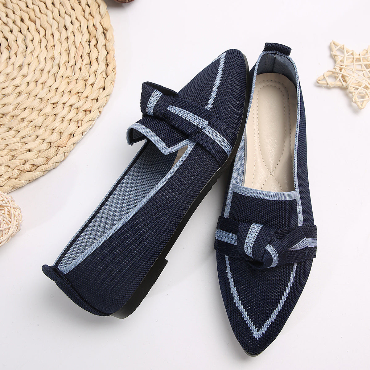 Bow Contrast Trim Point Toe Loafers - Shimmervee