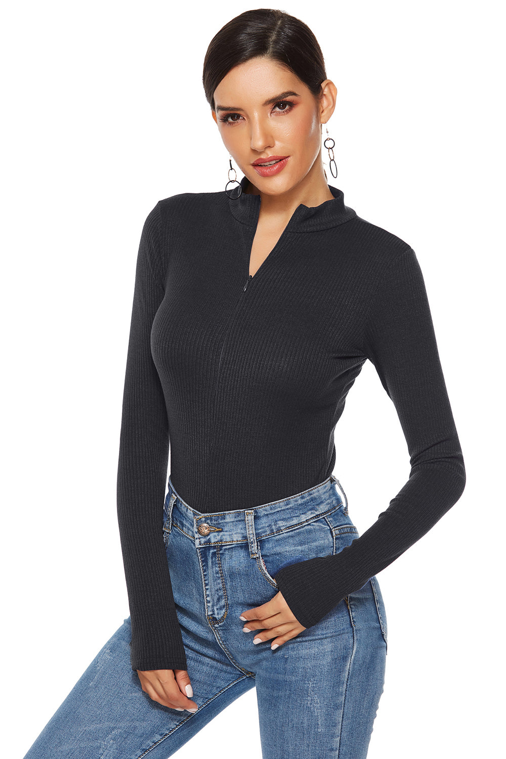 Full Size Ribbed Half Zip Long Sleeve Bodysuit - Shimmervee