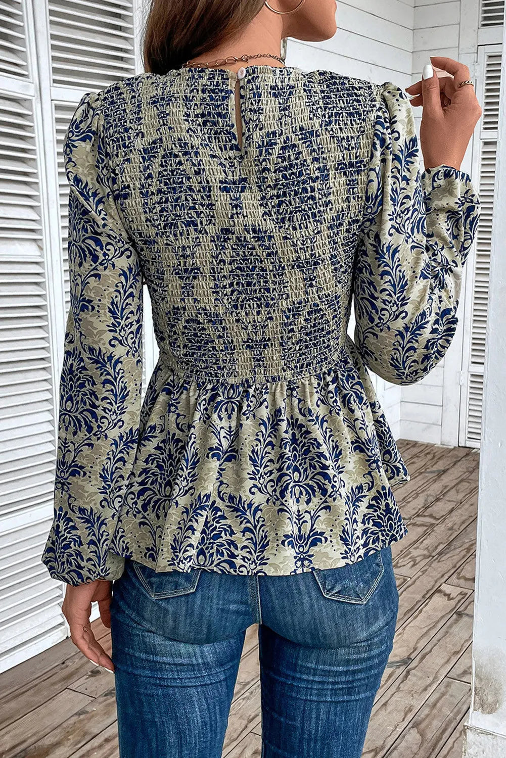 Peplum Printed Round Neck Long Sleeve Blouse