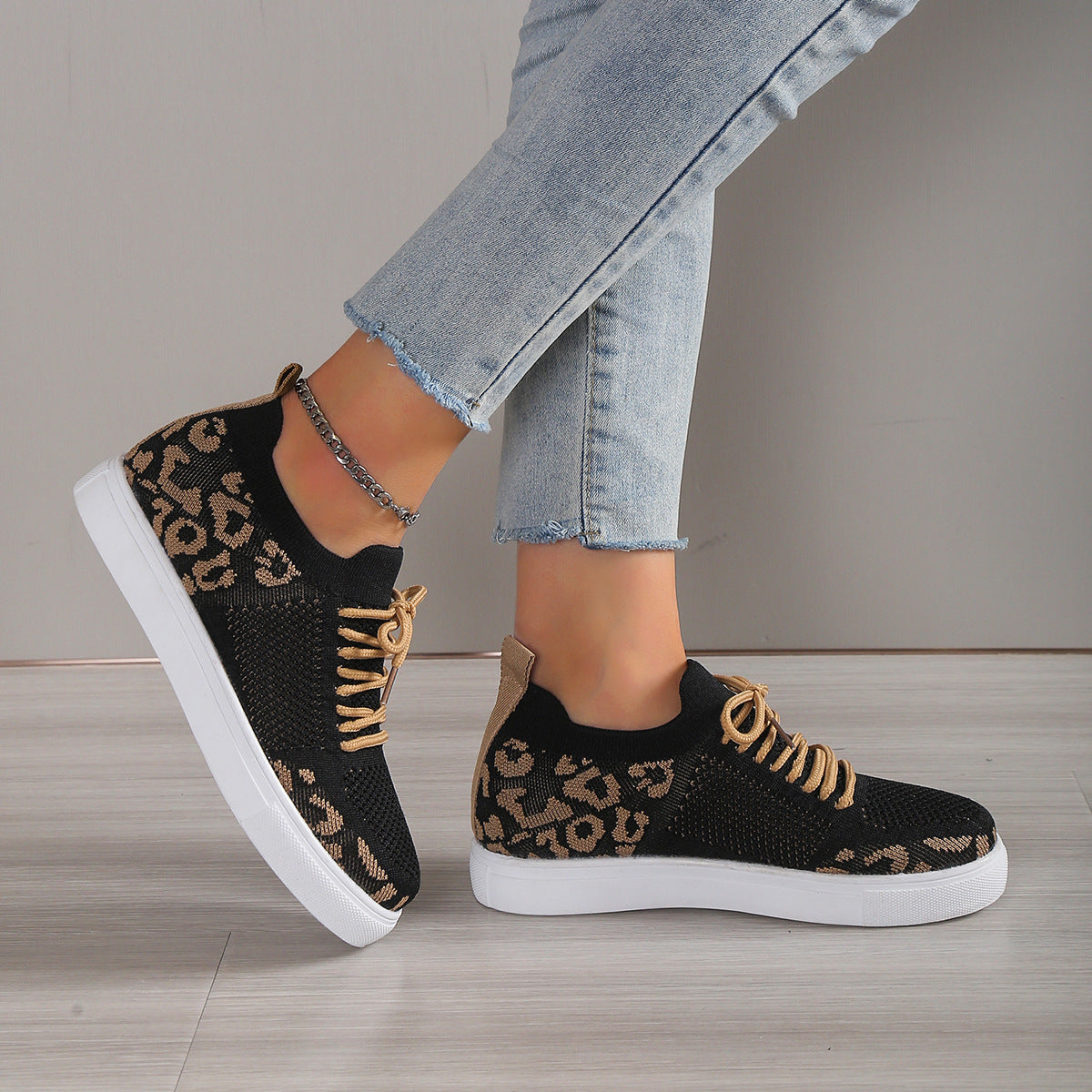 Lace-Up Leopard Flat Sneakers - Shimmervee