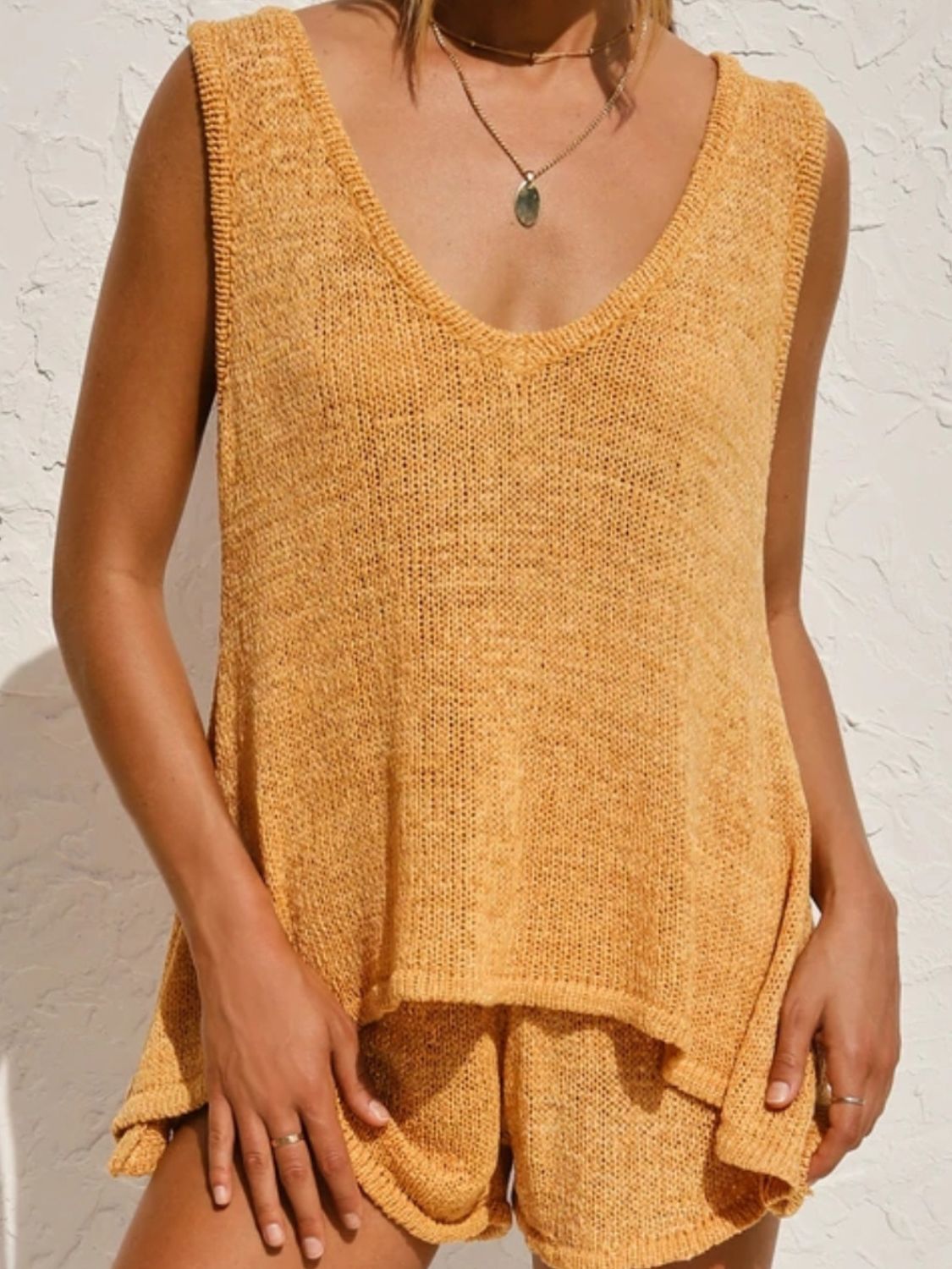 V-Neck Sleeveless Top and Drawstring Shorts Sweater Set - Shimmervee