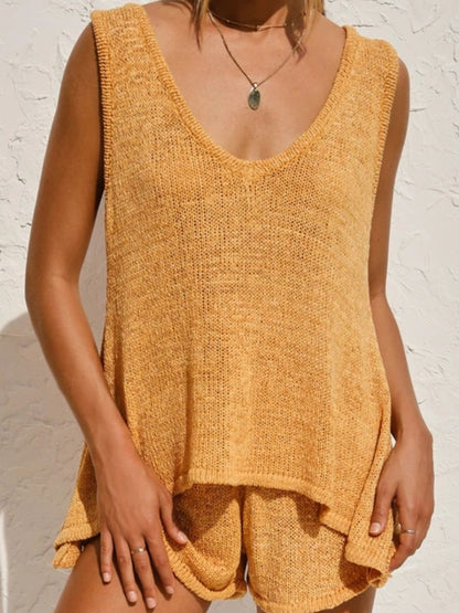 V-Neck Sleeveless Top and Drawstring Shorts Sweater Set - Shimmervee