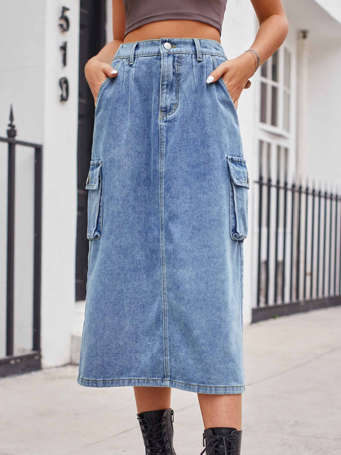 Slit Buttoned Denim Skirt with Pockets - Shimmervee