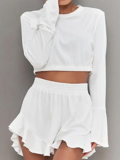 Round Neck Long Sleeve Top and Ruffled Shorts Set - Shimmervee