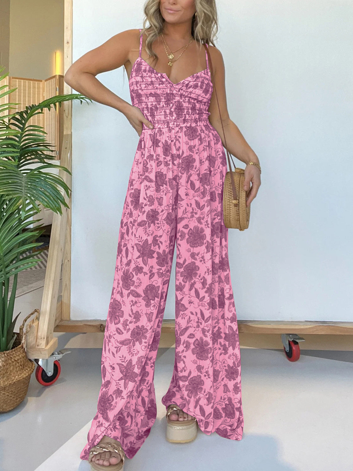 Full Size Printed Spaghetti Strap Wide Leg Jumpsuit - Shimmervee