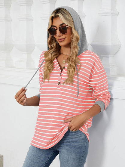 Drawstring Striped Long Sleeve Hoodie - Shimmervee