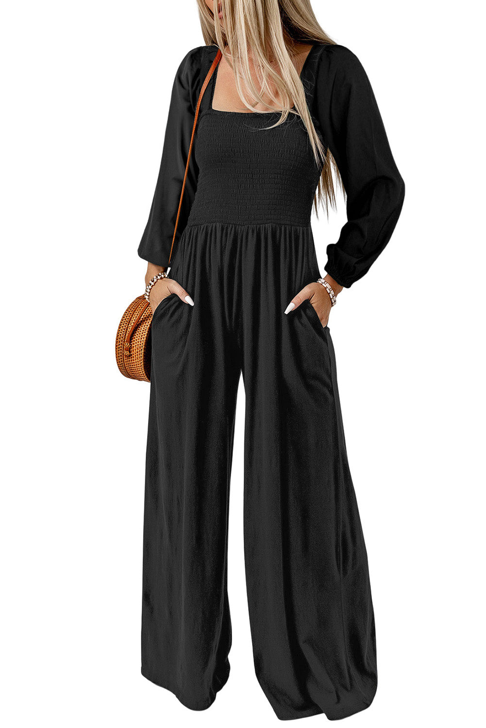 Square Neck Raglan Sleeve Jumpsuit with Pocket - Shimmervee