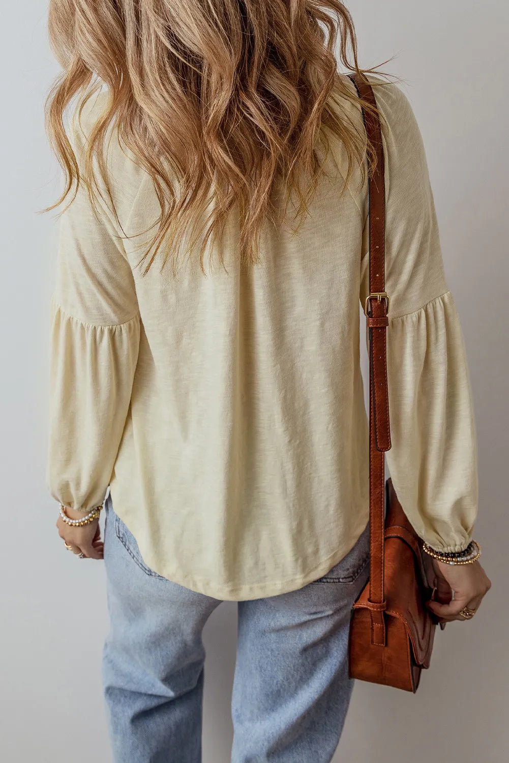 Embroidered Notched Long Sleeve Blouse