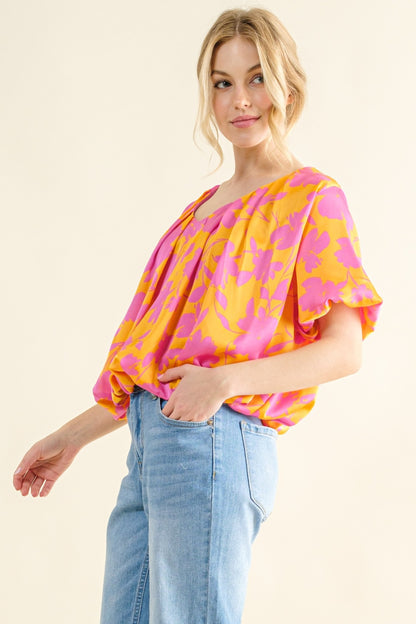 And The Why Full Size Printed Satin Bubble Hem Top - Shimmervee