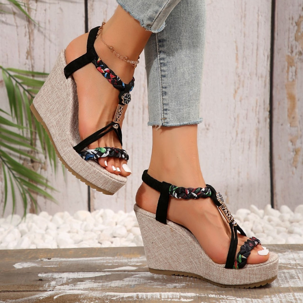 Braided Strap Wedge Sandals - Shimmervee