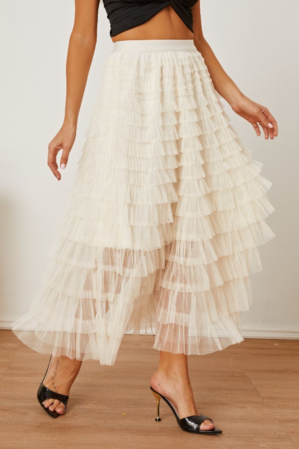 Ruched High Waist Tiered Skirt - Shimmervee