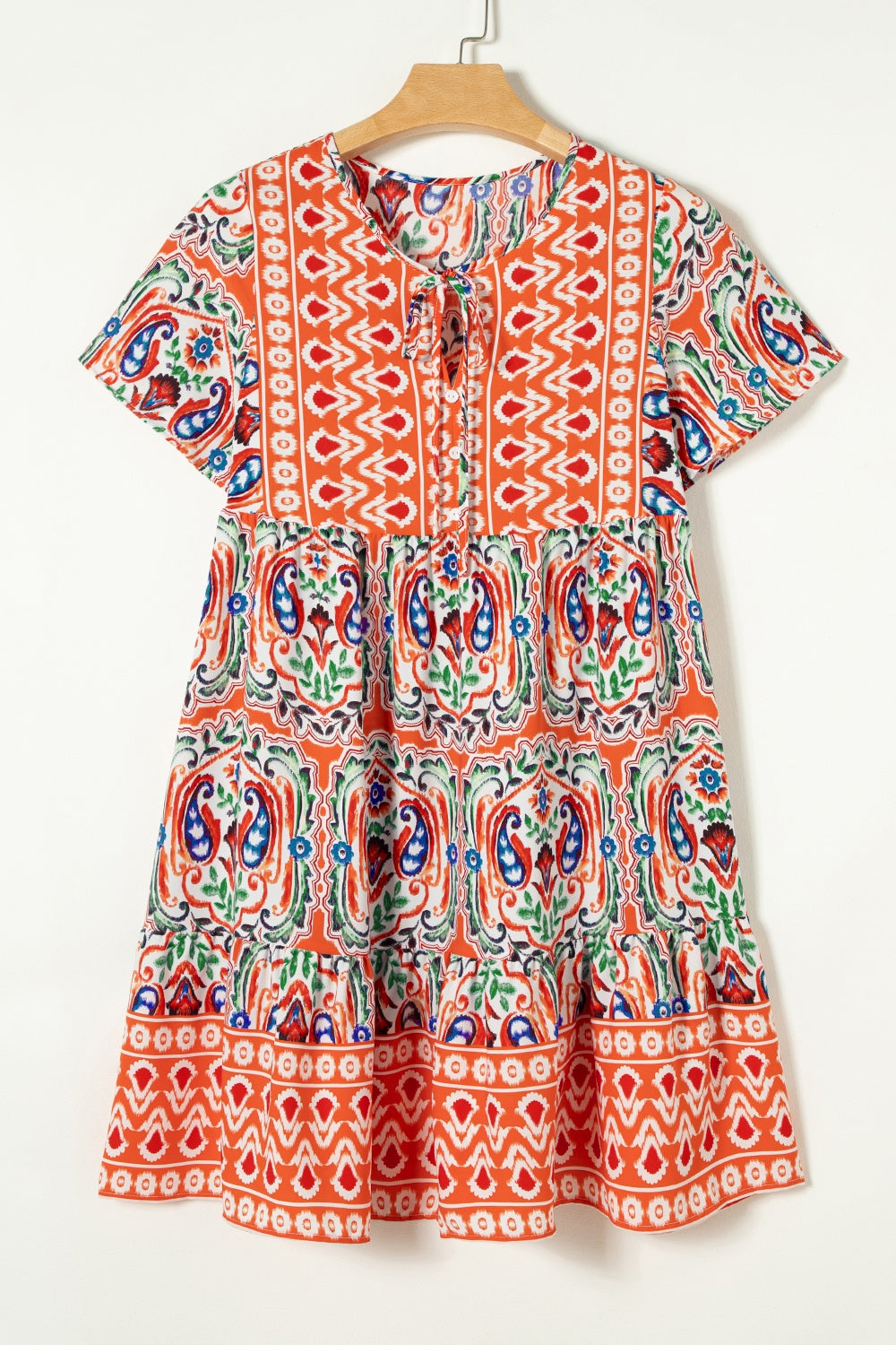 Printed Tie Neck Short Sleeve Dress - Shimmervee