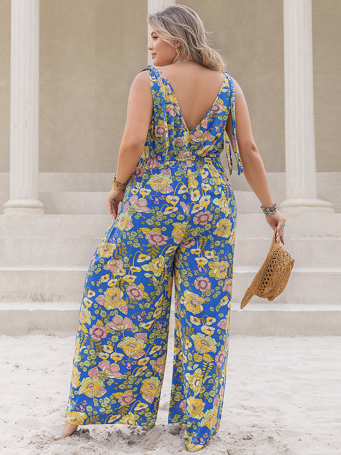 Plus Size Printed V-Neck Wide Leg Jumpsuit - Shimmervee