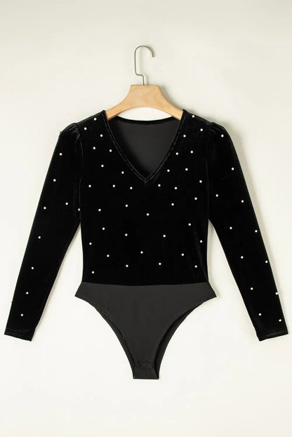 Pearl Detail V-Neck Long Sleeve Bodysuit - Shimmervee