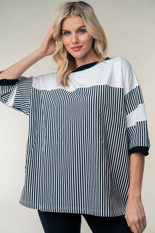 White Birch Full Size Striped Contrast Round Neck Top - Shimmervee