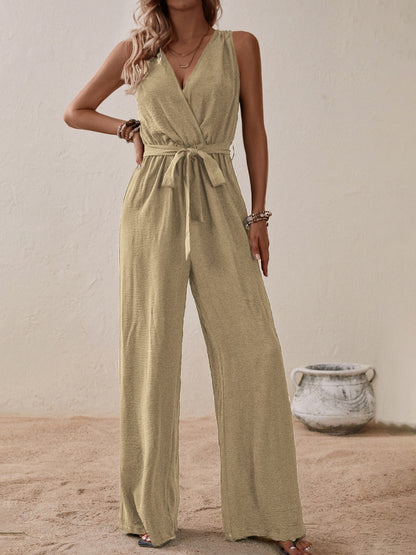 Honey Tied Surplice Sleeveless Wide Leg Jumpsuit - Shimmervee