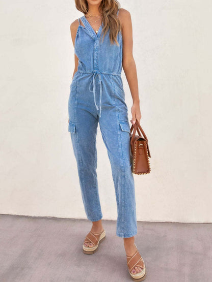 V-Neck Sleeveless Denim Jumpsuit