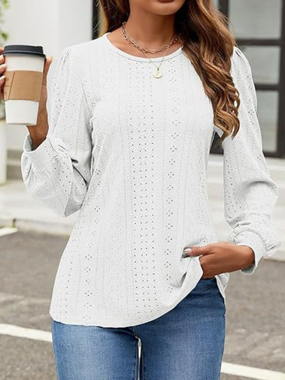 Eyelet Round Neck Long Sleeve Top - Shimmervee