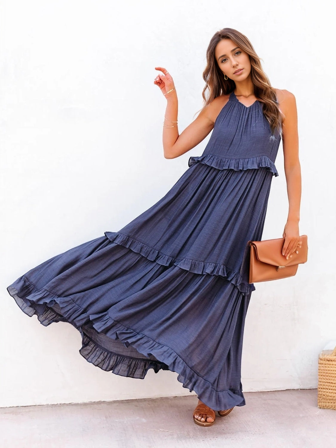 Ruffled Sleeveless Tiered Maxi Dress with Pockets - Shimmervee