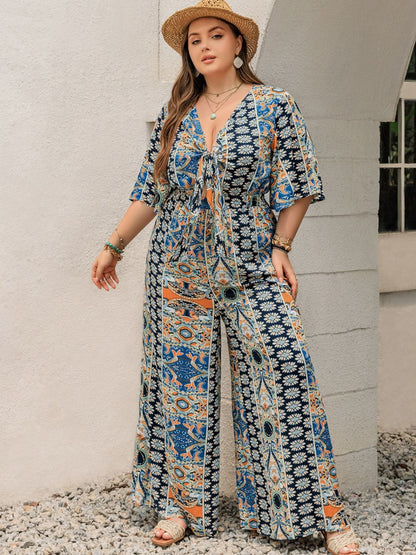 Plus Size Printed Half Sleeve Wide Leg Jumpsuit - Shimmervee