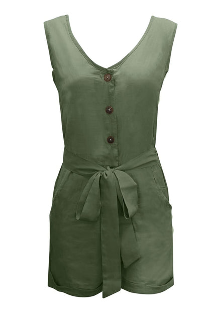 Full Size Tied V-Neck Sleeveless Romper with Pockets - Shimmervee