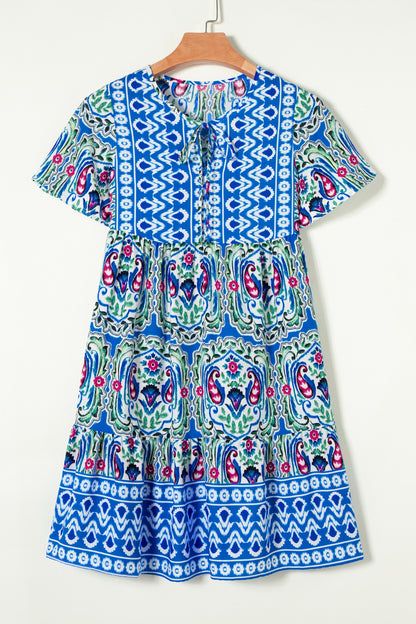 Printed Tie Neck Short Sleeve Dress - Shimmervee