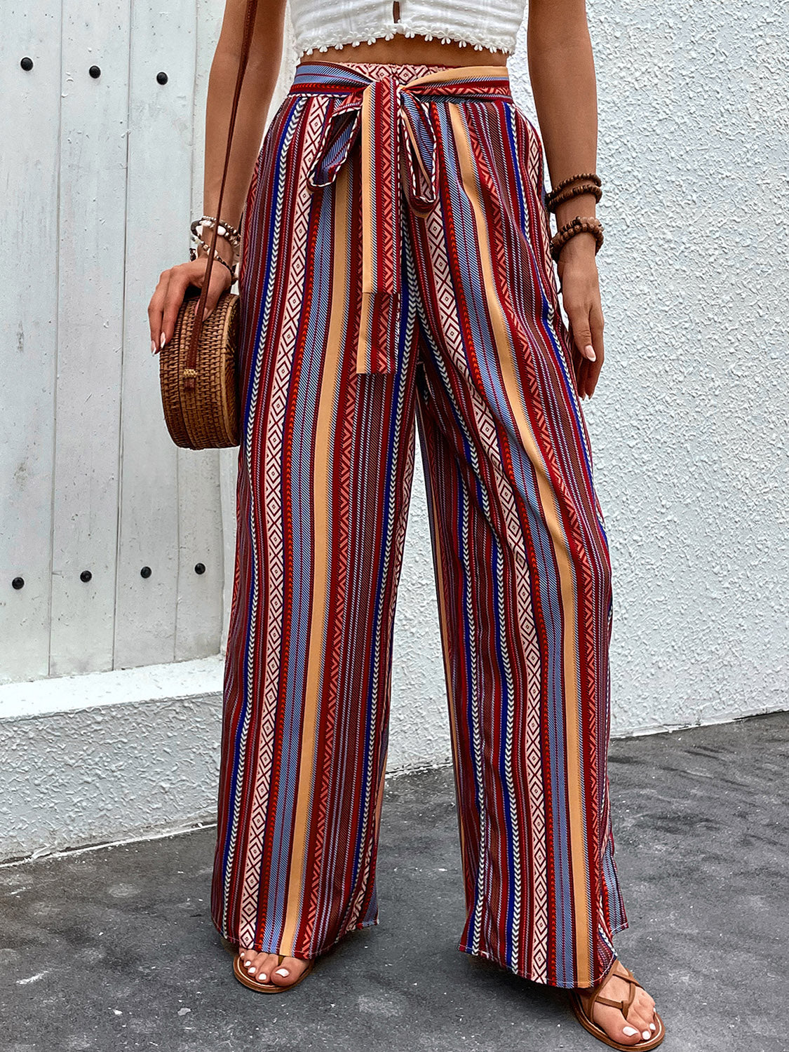 Perfee Tied Geometric Wide Leg Pants - Shimmervee