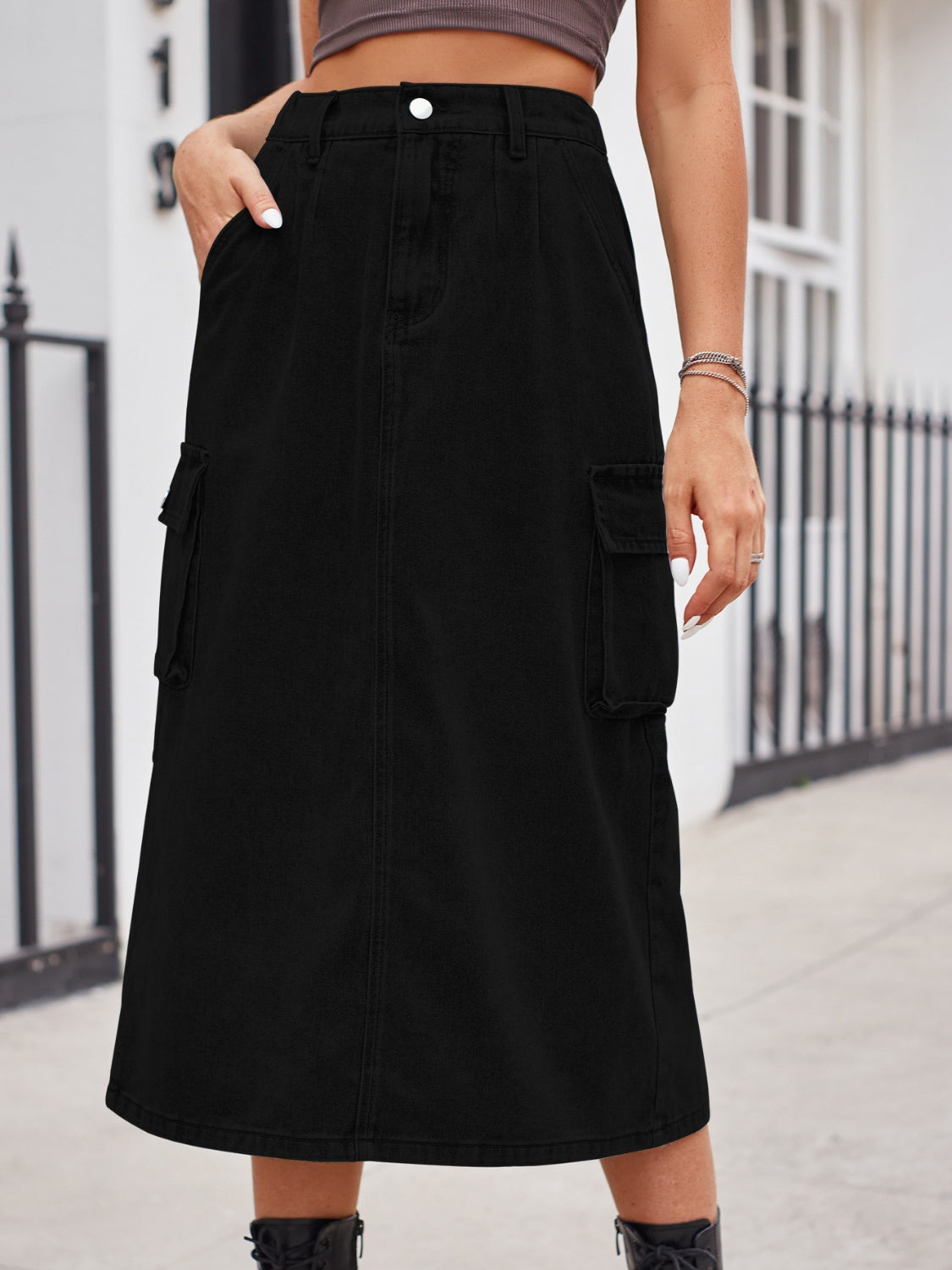 Slit Buttoned Denim Skirt with Pockets - Shimmervee