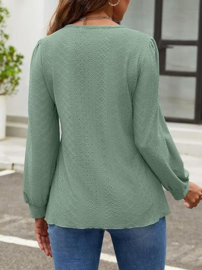 Eyelet Round Neck Long Sleeve Top - Shimmervee