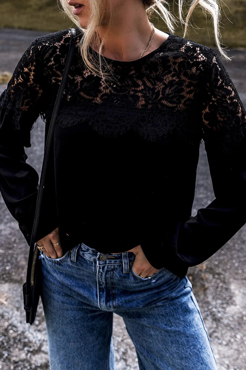 Lace Round Neck Long Sleeve Blouse - Shimmervee