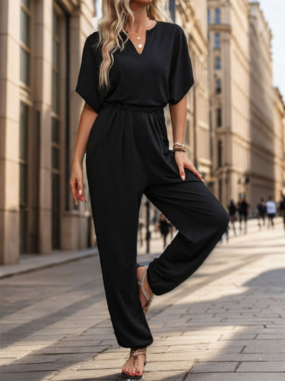 Perfee Notched Half Sleeve Straight Jumpsuit - Shimmervee