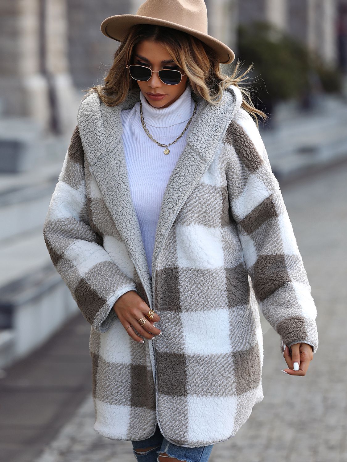 Plaid Open Front Hooded Coat - Shimmervee