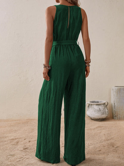 Honey Tied Surplice Sleeveless Wide Leg Jumpsuit - Shimmervee