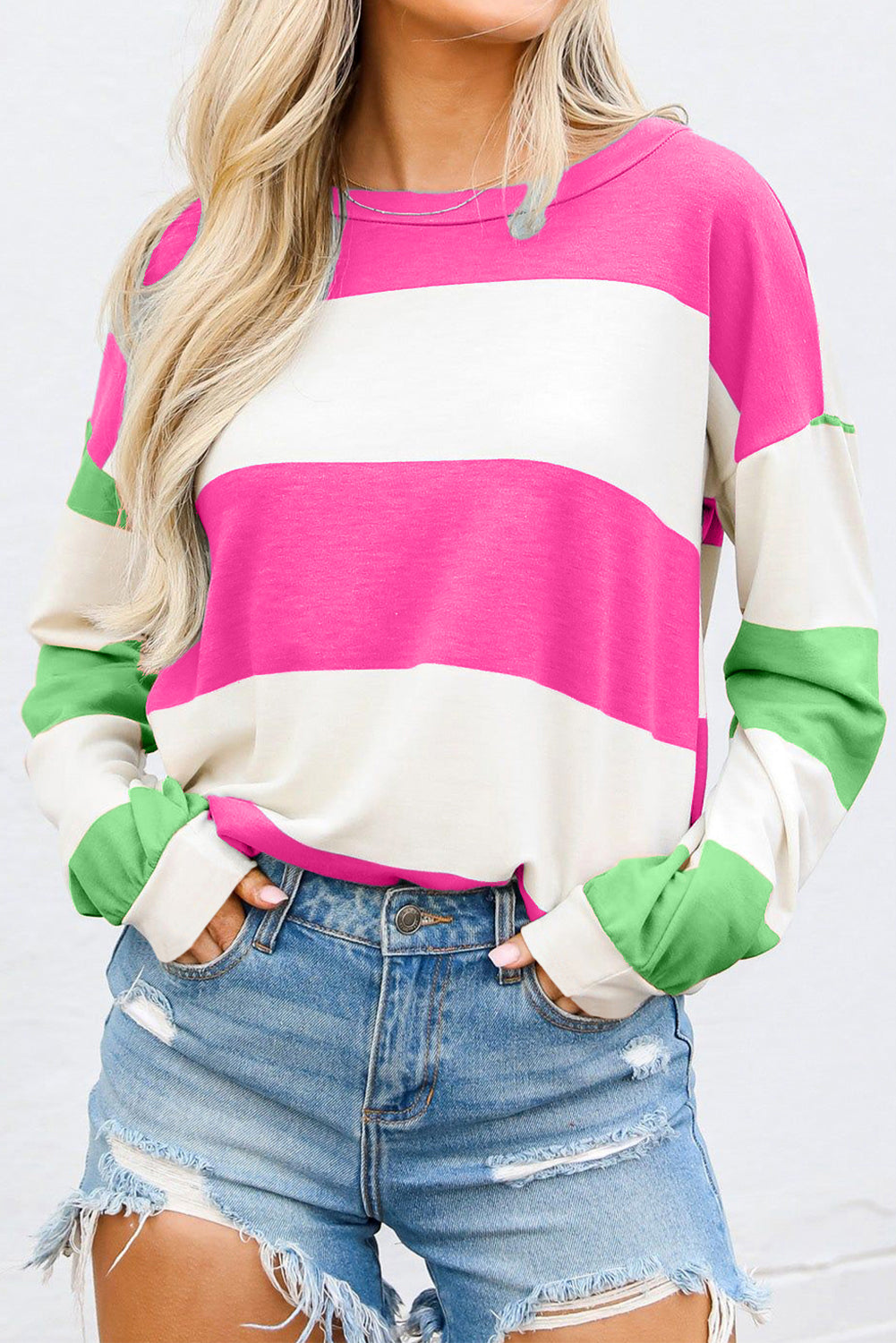 Contrast Color Block Round Neck Long Sleeve Top