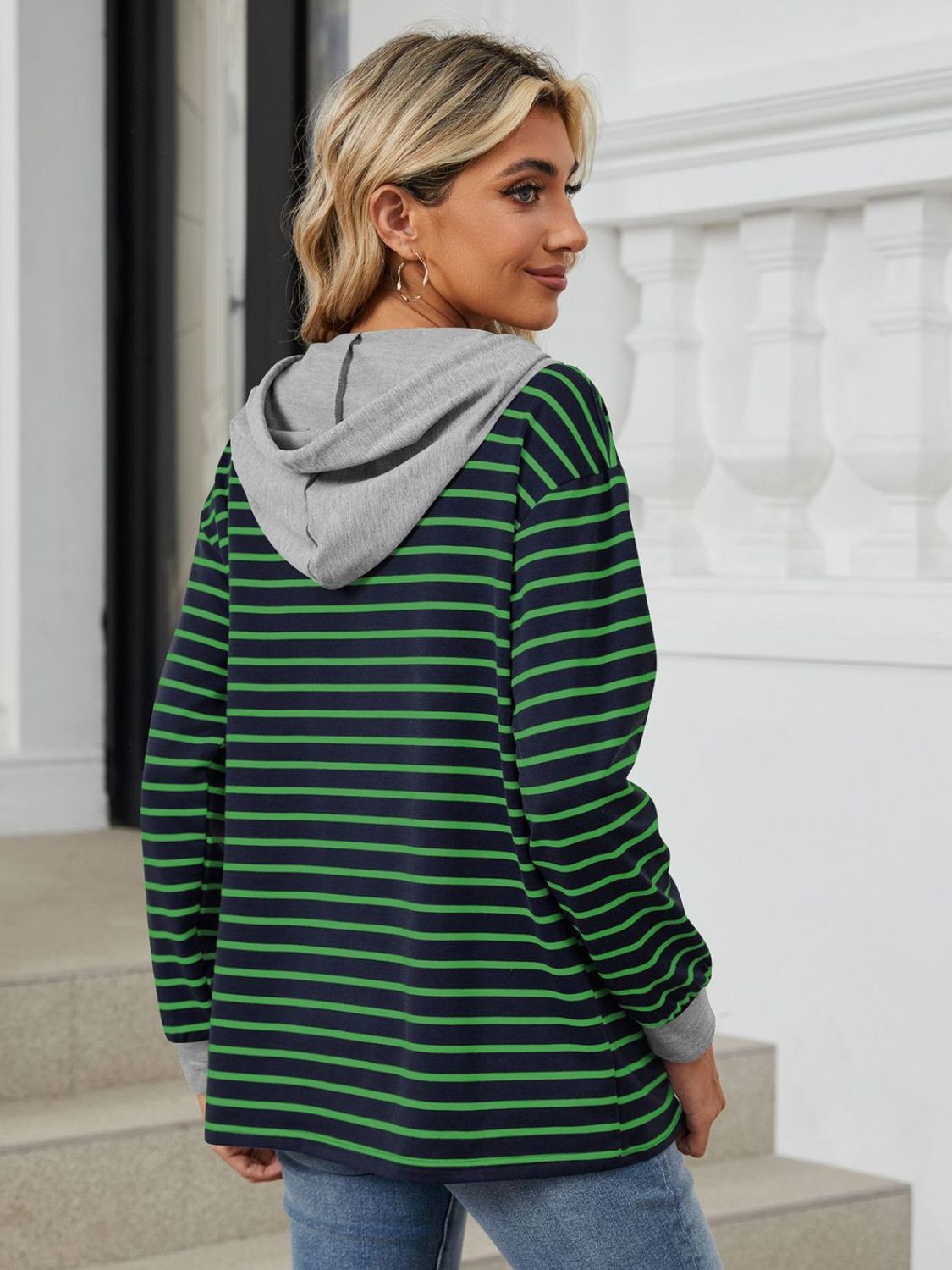 Drawstring Striped Long Sleeve Hoodie - Shimmervee