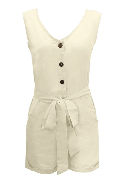 Full Size Tied V-Neck Sleeveless Romper with Pockets - Shimmervee