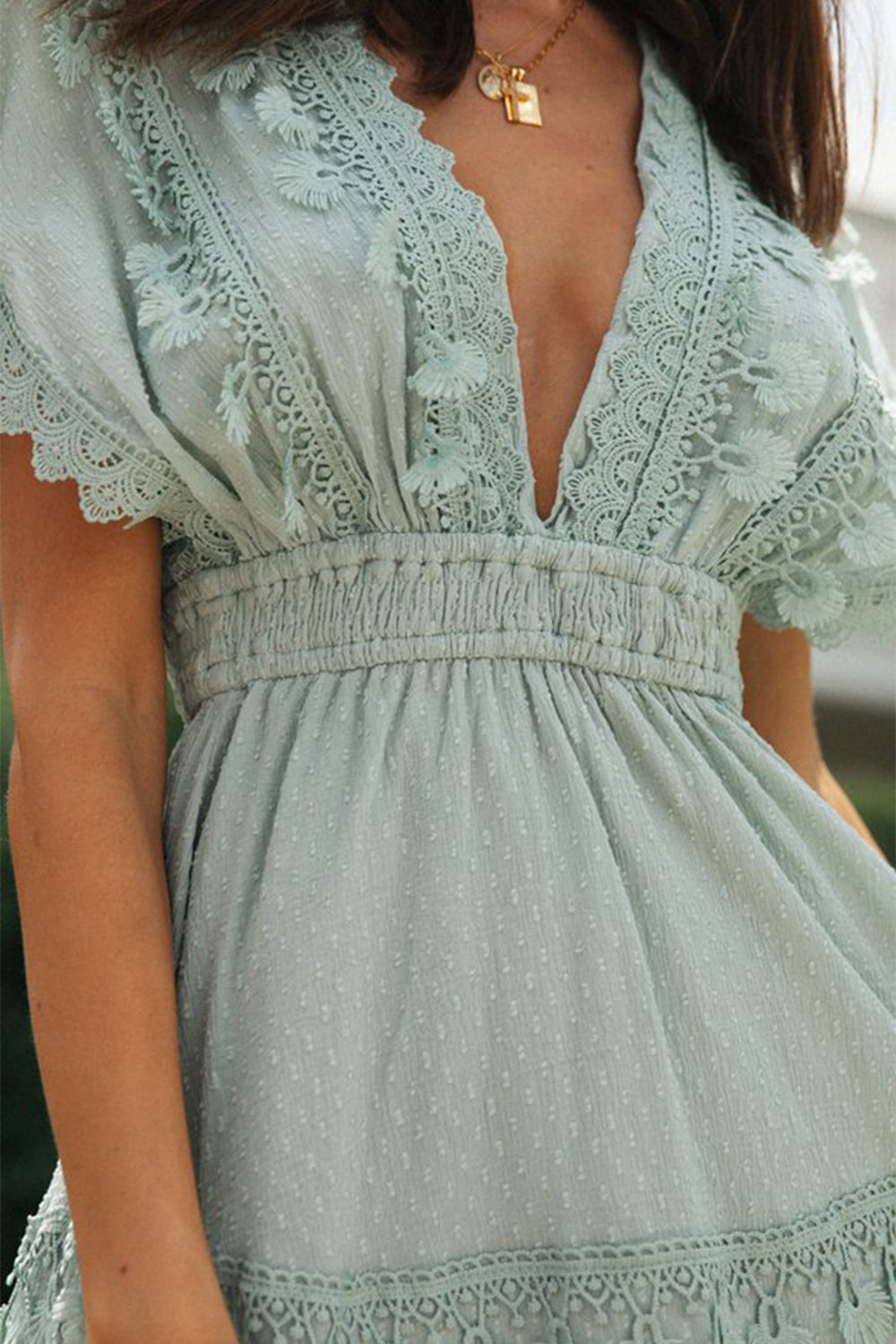 Lace Detail Plunge Short Sleeve Mini Dress - Shimmervee