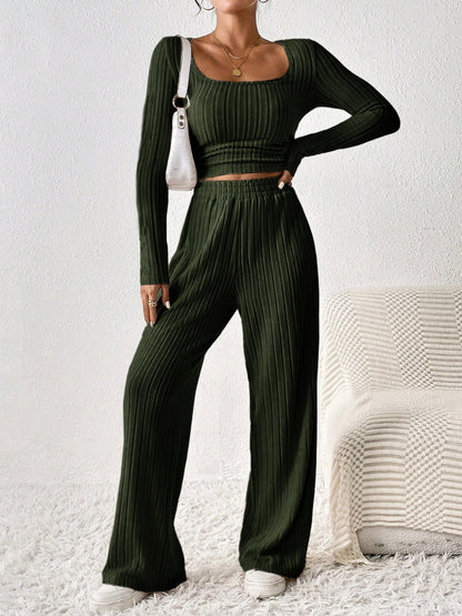 Honey Scoop Neck Long Sleeve Top and Pants Set - Shimmervee