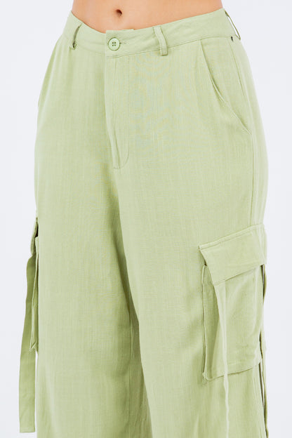 American Bazi Linen Wide Leg Cargo Pants