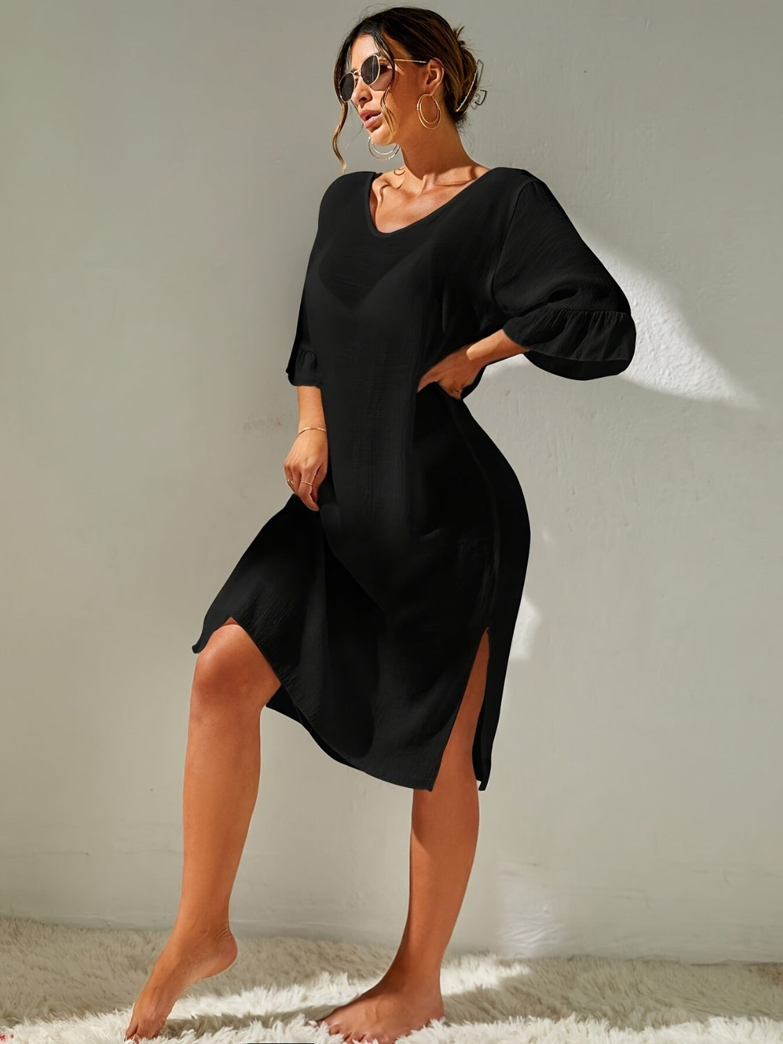 Slit V-Neck Flounce Sleeve Cover-Up