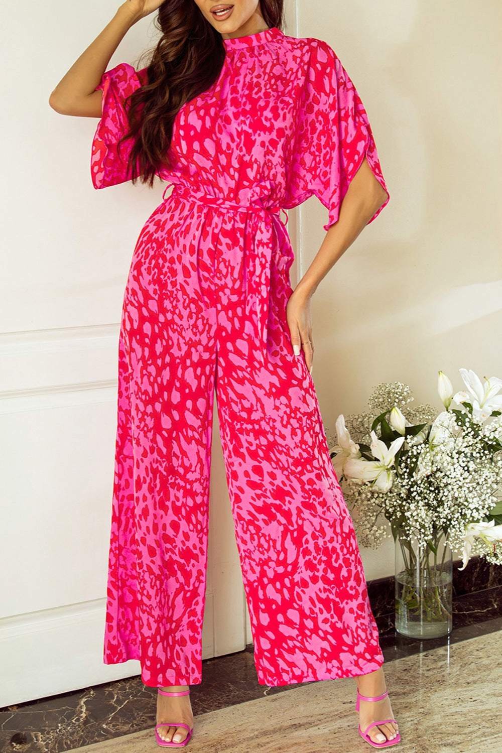 Printed Mock Neck Kimono Sleeve Jumpsuit - Shimmervee