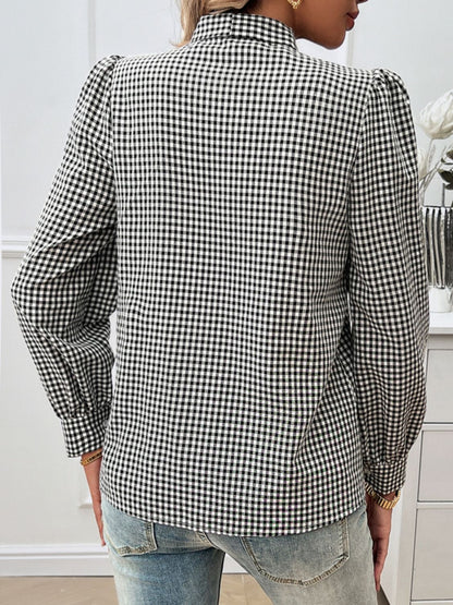 Devine Pocketed Plaid Tie Neck Long Sleeve Shirt - Shimmervee