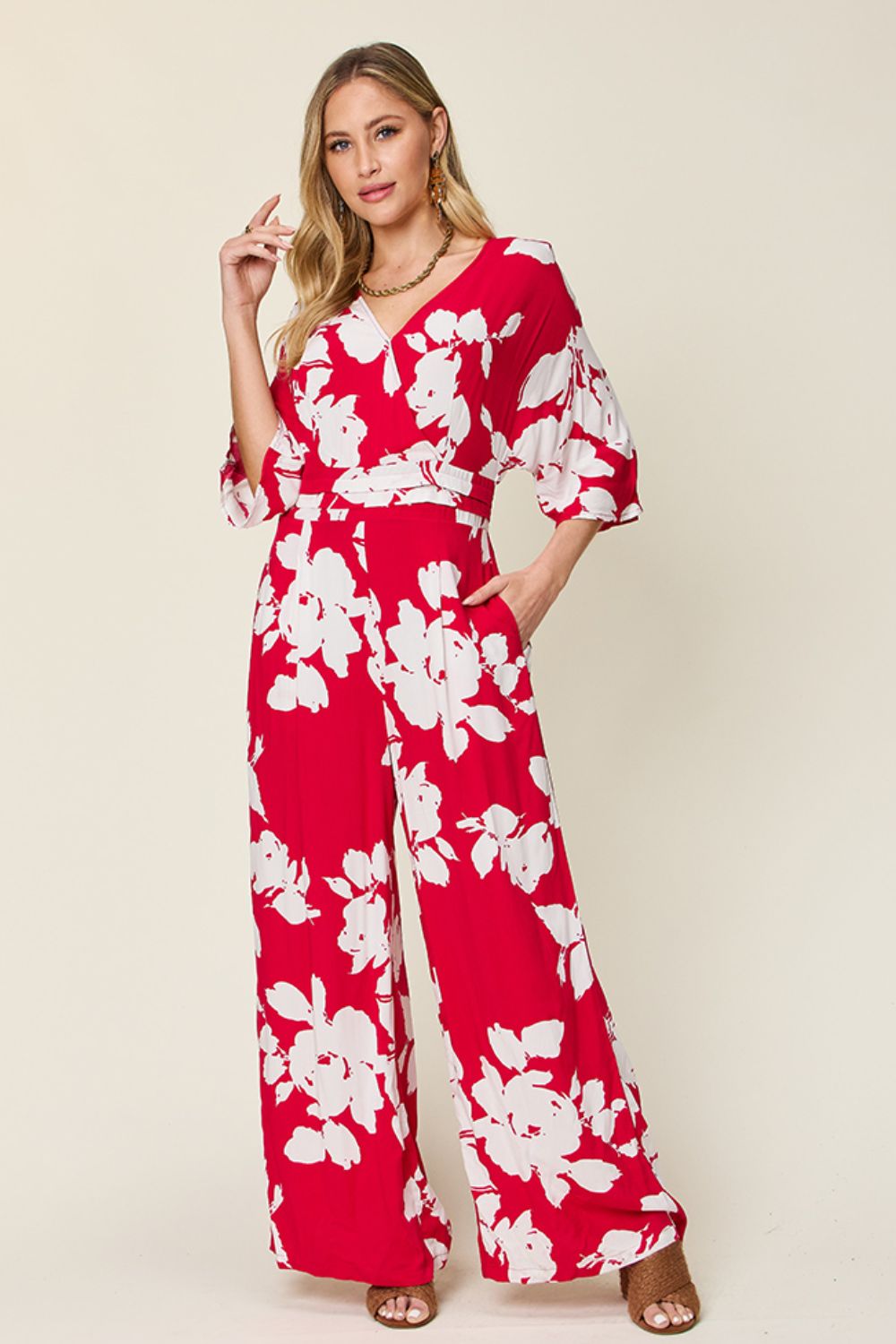 Double Take Full Size Printed Tie Back Wide Leg Jumpsuit - Shimmervee