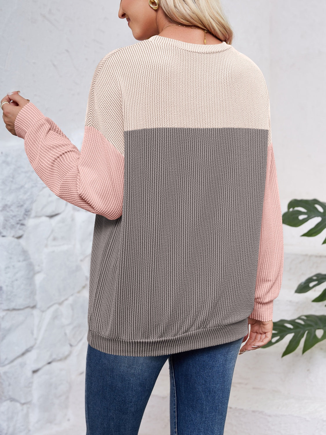 Lovelet Color Block Round Neck Long Sleeve Sweatshirt - Shimmervee