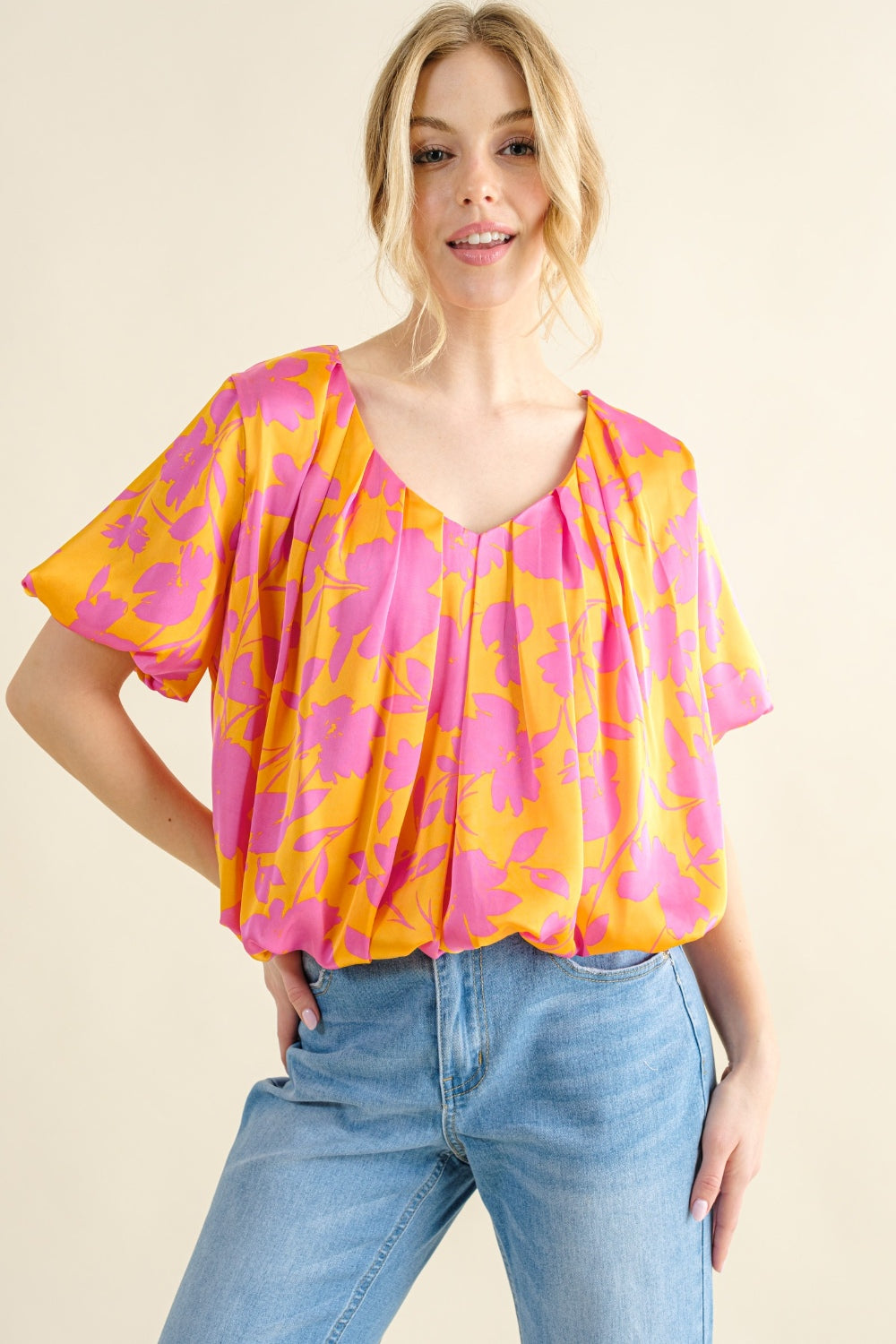 And The Why Full Size Printed Satin Bubble Hem Top - Shimmervee