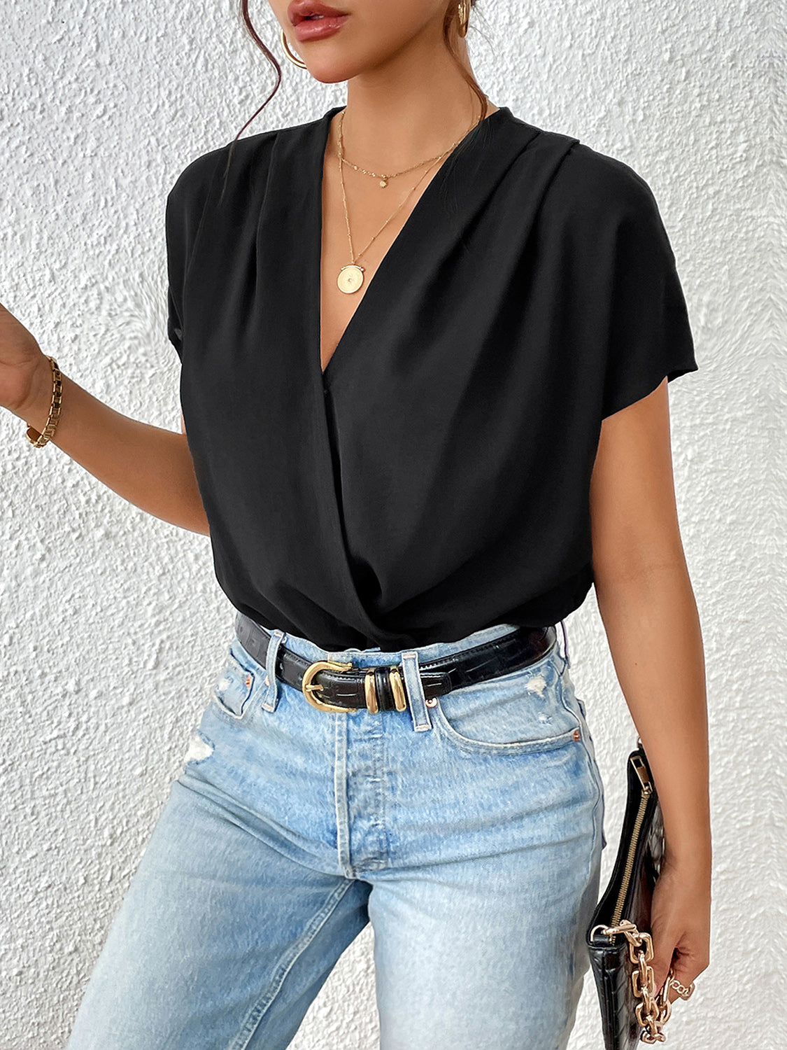 Perfee Surplice Short Sleeve Ruched Bodysuit - Shimmervee